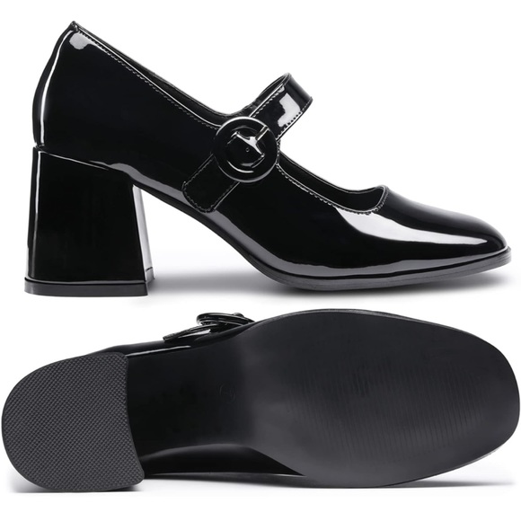 Mary Jane Glossy Patent Leather Block Heel Pumps - Picture 2 of 5